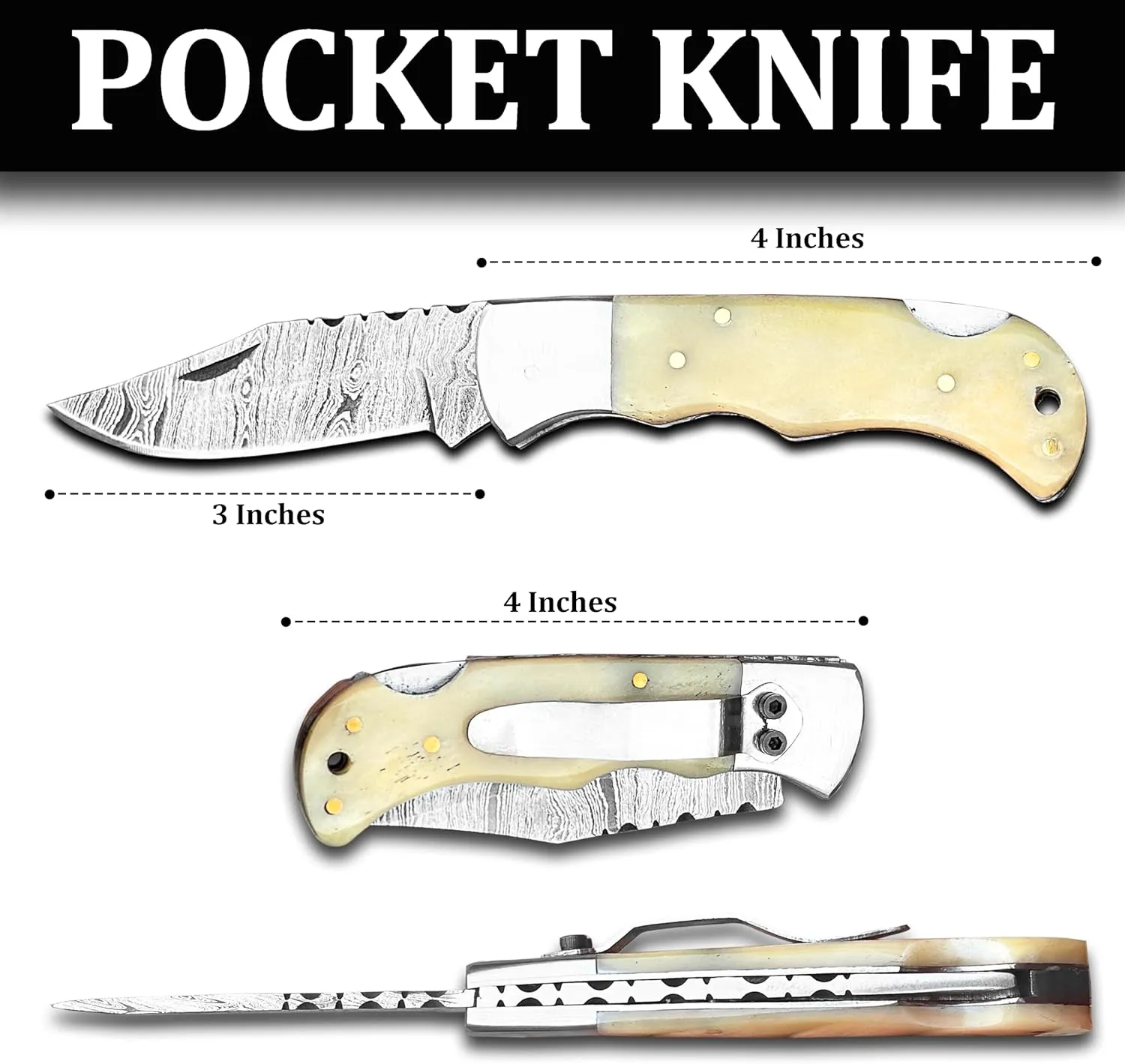 Handmade Damascus Pocket Knife with Leather Sheath & Sharpener - 7” Sharp Folding Knife with Back Lock - Damascus Hunting Knife - Best EDC Knife for Outdoor Survival Camping Collection, WHITE