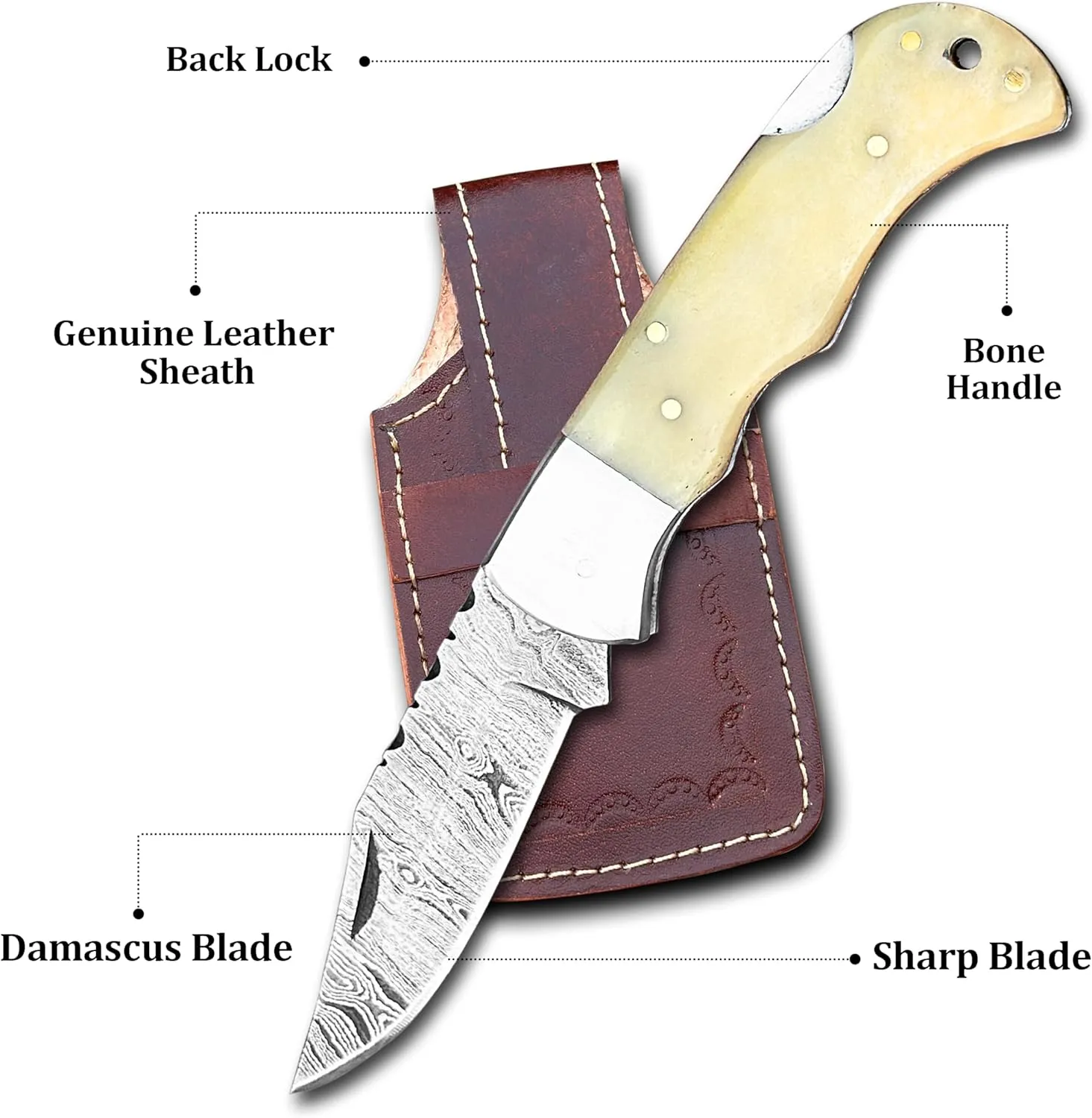 Handmade Damascus Pocket Knife with Leather Sheath & Sharpener - 7” Sharp Folding Knife with Back Lock - Damascus Hunting Knife - Best EDC Knife for Outdoor Survival Camping Collection, WHITE