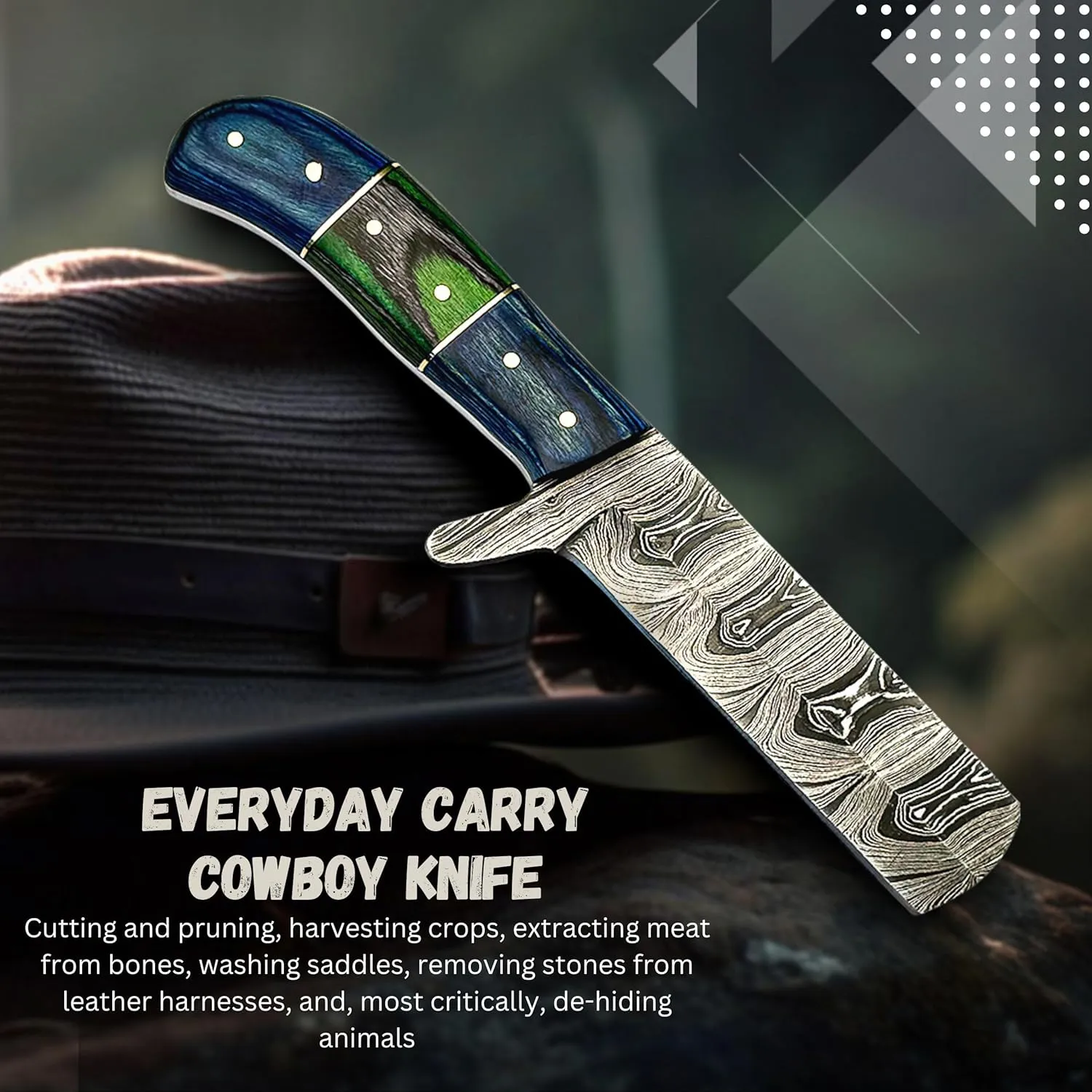 Handmade Damascus Steel Bull Cutter Knife with Pancake Leather Sheath, Fixed Blade Cowboy Knife with Exotic Wood Handle, Utility Knife, EDC Hunting knife (Damascus Blue/Black green)