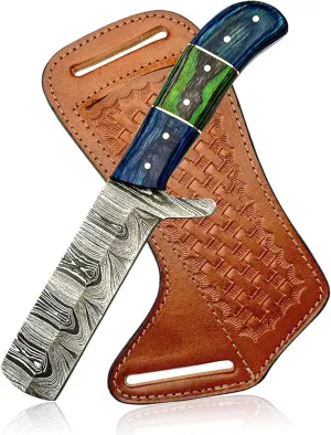 Handmade Damascus Steel Bull Cutter Knife with Pancake Leather Sheath, Fixed Blade Cowboy Knife with Exotic Wood Handle, Utility Knife, EDC Hunting knife (Damascus Blue/Black green)
