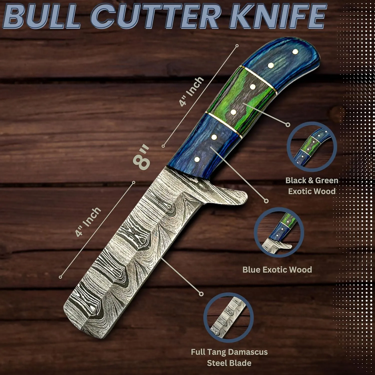 Handmade Damascus Steel Bull Cutter Knife with Pancake Leather Sheath, Fixed Blade Cowboy Knife with Exotic Wood Handle, Utility Knife, EDC Hunting knife (Damascus Blue/Black green)