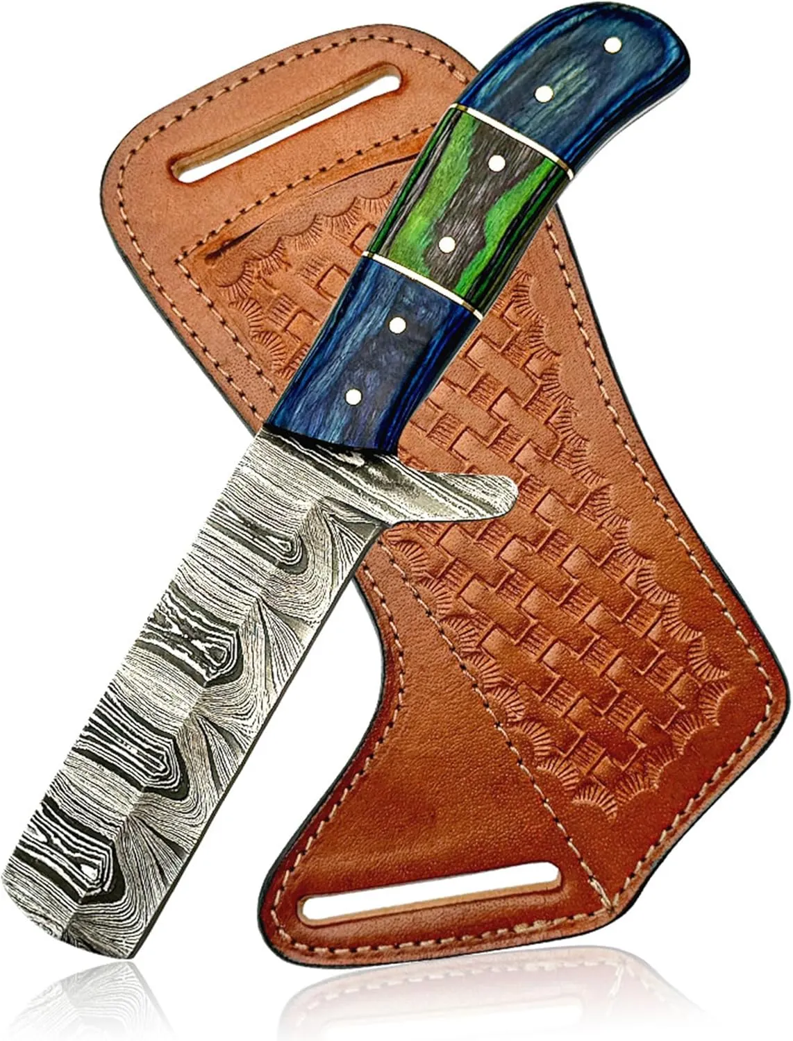 Handmade Damascus Steel Bull Cutter Knife with Pancake Leather Sheath, Fixed Blade Cowboy Knife with Exotic Wood Handle, Utility Knife, EDC Hunting knife (Damascus Blue/Black green)