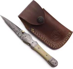 Handmade Damascus Steel Folding Tactical Knife – Ultimate Outdoor Gear for EDC, Hunting, Survival, Camping, and Fishing – Spear Point, Full Tang Camel Bone Handle, with Premium Cowhide Leather Sheath – DCX17-73