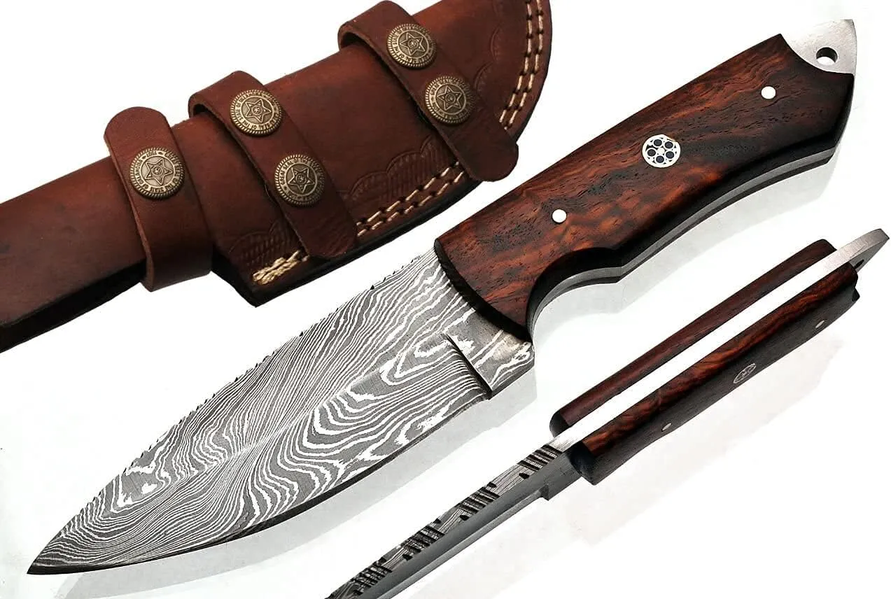 Handmade Damascus Steel Hunting Knife 8.5 Inches with Leather Sheath G-1051