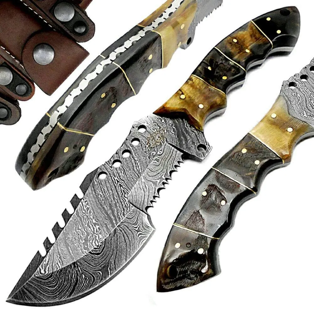 Handmade Damascus Steel Tracker Knife - 9.5" Inch Knifes real Ram horn Handel Knives - Bushcraft- EDC Survival Knife for Men-Tactical Tracker Knife- Fixed Blade Knife- Premium Quality Knife- Mens Gift