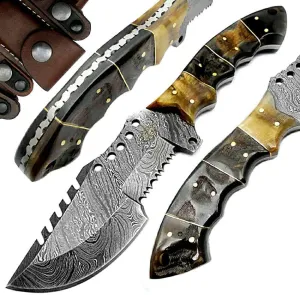 Handmade Damascus Steel Tracker Knife - 9.5" Inch Knifes real Ram horn Handel Knives - Bushcraft- EDC Survival Knife for Men-Tactical Tracker Knife- Fixed Blade Knife- Premium Quality Knife- Mens Gift