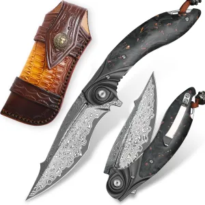 handmade Folding Pocket Knife，Japanese Damascus steel 3.9in blade Men's folding knife，with Pocket Clip Leather Sheath，liner lock， Carbon Fiber Handle，fit EDC Outdoor camping Survival，gift