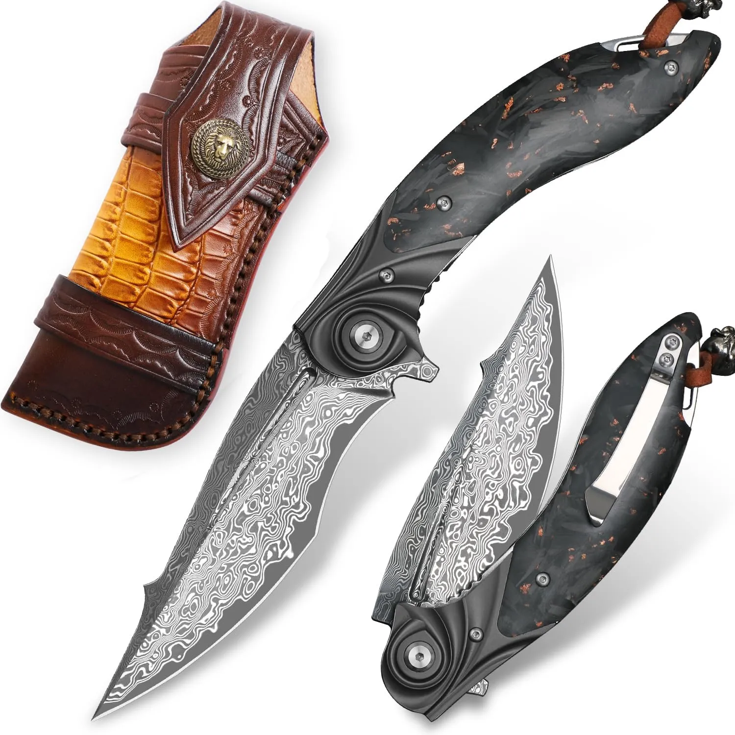 handmade Folding Pocket Knife，Japanese Damascus steel 3.9in blade Men's folding knife，with Pocket Clip Leather Sheath，liner lock， Carbon Fiber Handle，fit EDC Outdoor camping Survival，gift