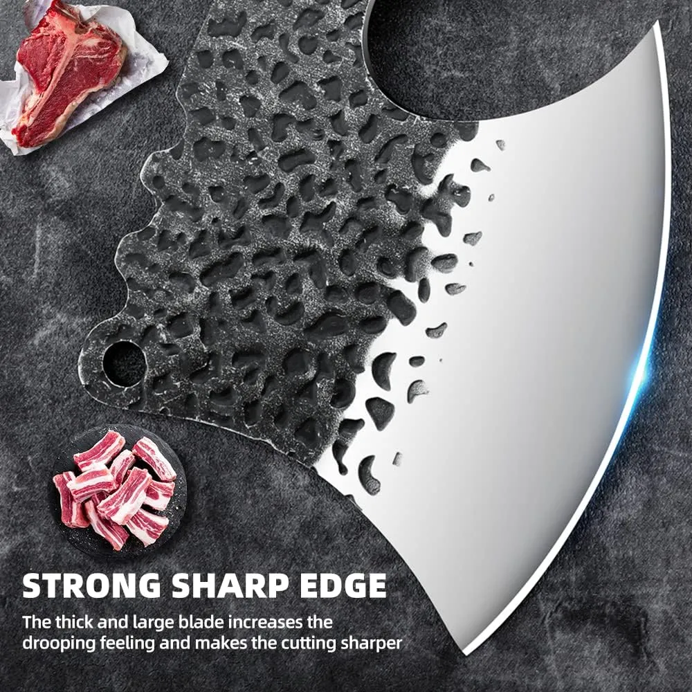 Handmade Meat Cleaver Axes Shape Forged Heavy Duty High Carbon Butcher Knife Boning Breaker Vegetable Butcher Chopper Cutting Chef Knife with Cover for Kitchen Outdoor BBQ (Black)