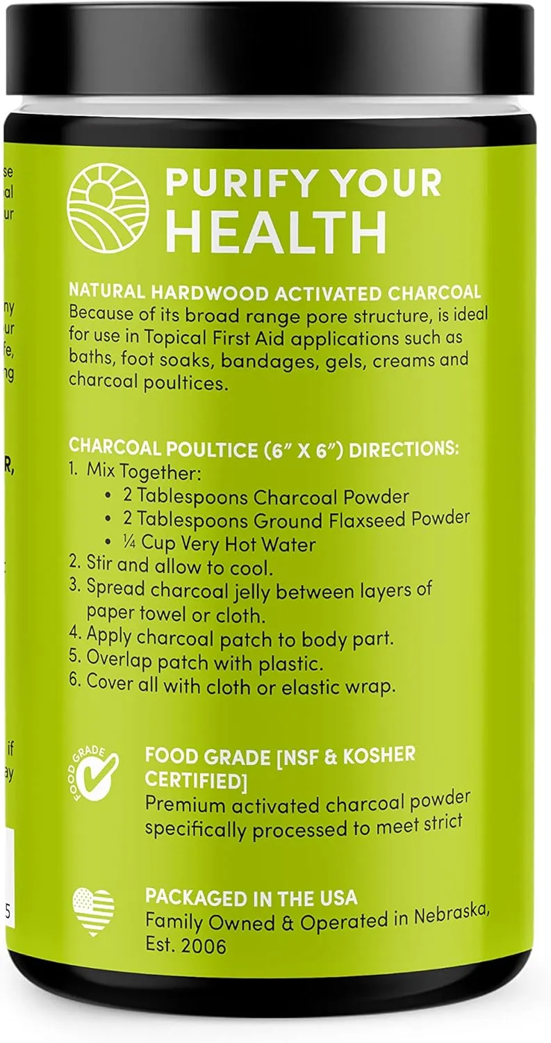 Hardwood Activated Charcoal Powder - Topical First Aid for Making Charcoal Poultices, Charcoal Foot Soaks, Charcoal Baths & More! - 10oz