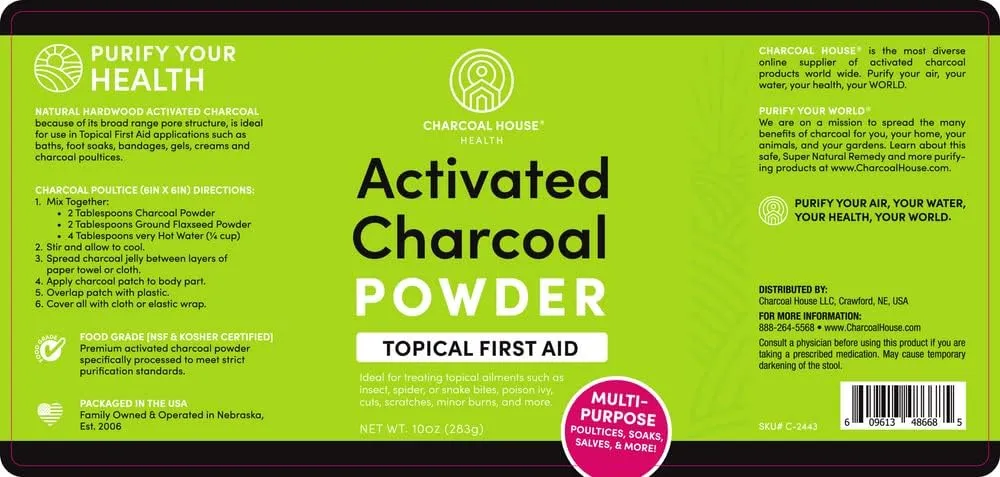 Hardwood Activated Charcoal Powder - Topical First Aid for Making Charcoal Poultices, Charcoal Foot Soaks, Charcoal Baths & More! - 10oz