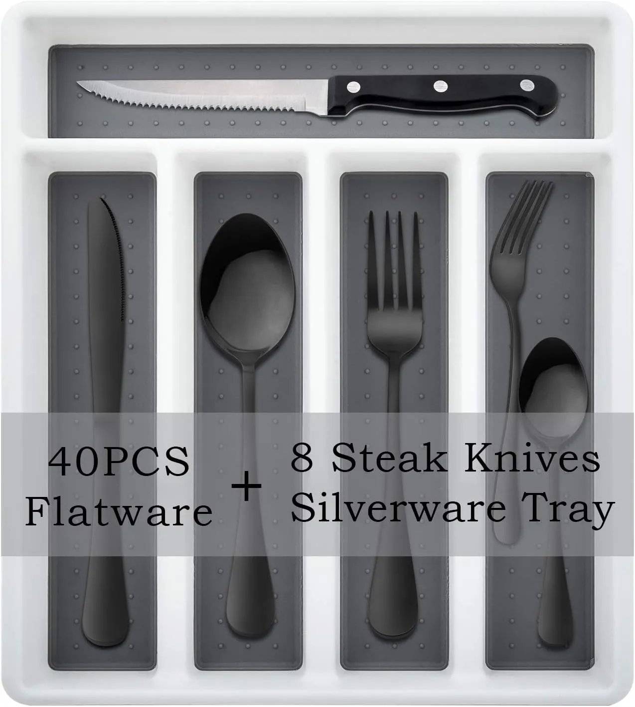 HaWare 49-Piece Black Silverware Set with Flatware Drawer Organizer, Stainless Steel Cutlery with 8 Steak Knives, Modern Eating Utensils Tableware Service for 8, Mirror Polished, Dishwasher Safe