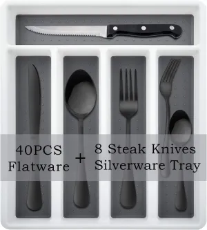 HaWare 49-Piece Black Silverware Set with Flatware Drawer Organizer, Stainless Steel Cutlery with 8 Steak Knives, Modern Eating Utensils Tableware Service for 8, Mirror Polished, Dishwasher Safe