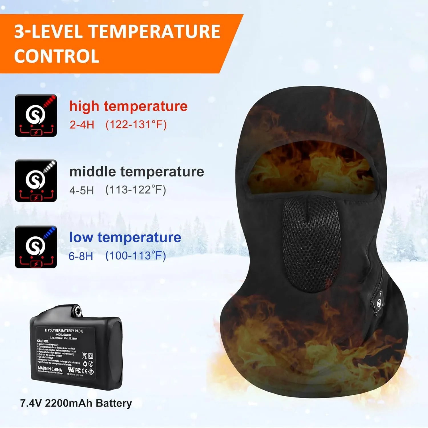 Heated Ski Mask Balaclava for Men & Women, Electric Heated Face Mask,Winter Outdoor Black Windproof