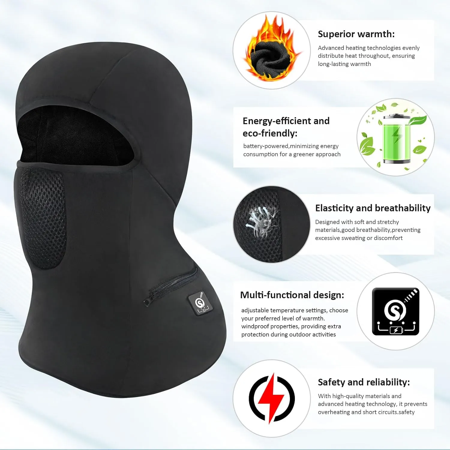 Heated Ski Mask Balaclava for Men & Women, Electric Heated Face Mask,Winter Outdoor Black Windproof