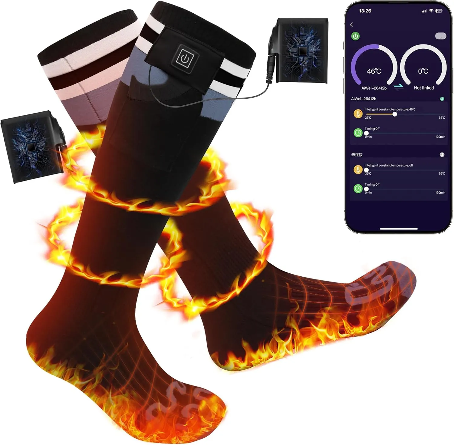 Heated Socks for Men Women with APP Control 7.4V 6000mAh 17H Heat Socks 10s Fast Heating Skiing Socks 5-Level Temperature Washable Electric Foot Warmers for Hiking Camping Black M