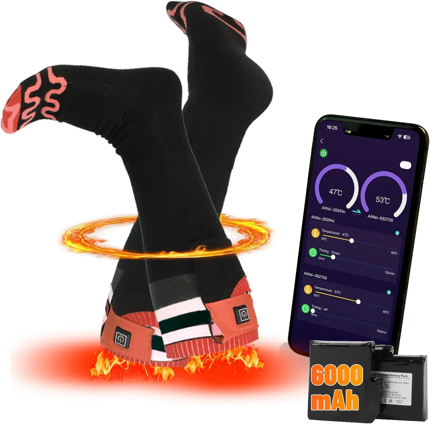 Heated Socks for Men Women with APP Remote Control, 7.4V 22.2WH,6000mAh Up to17H Rechargeable (Orange, M)