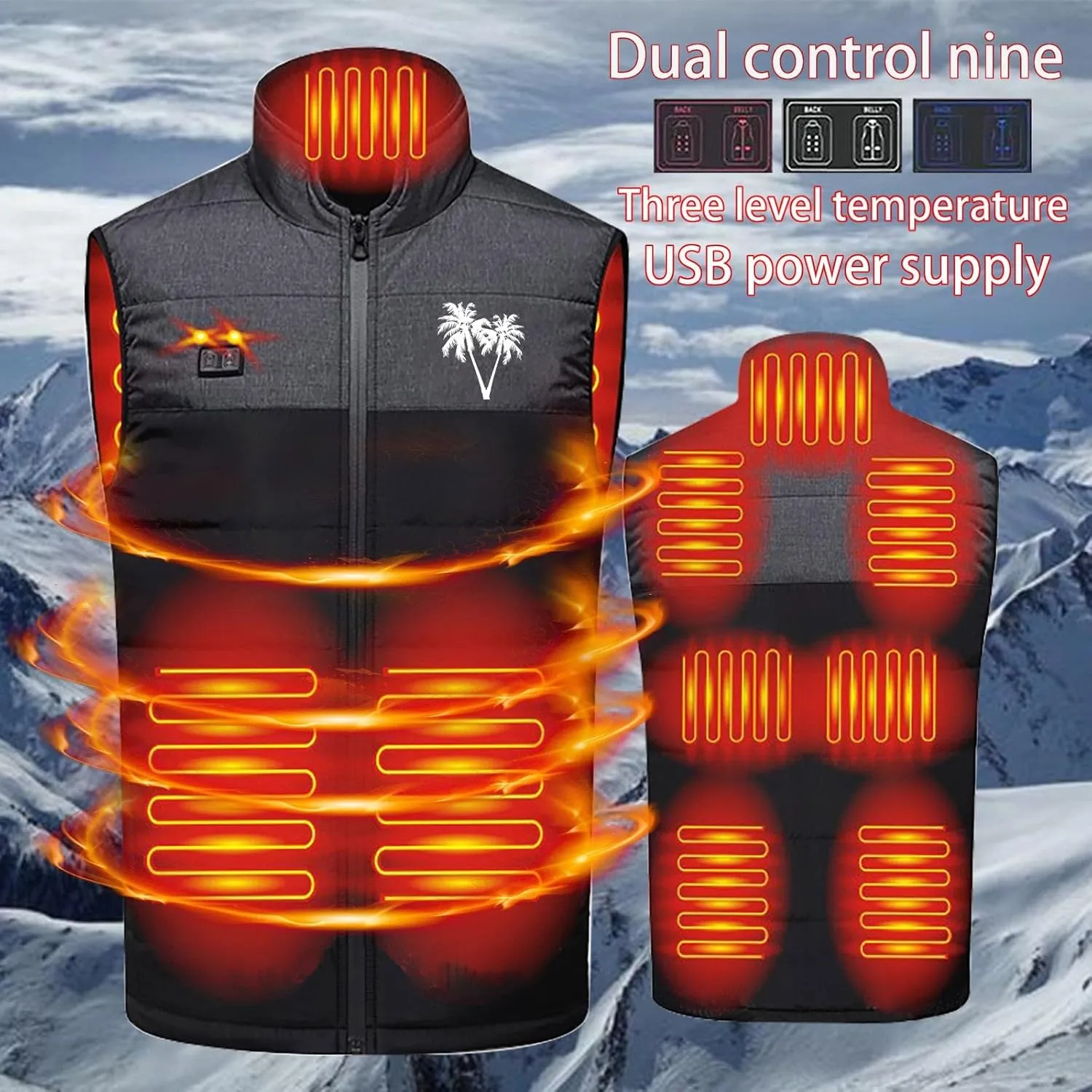 Heated Vest for Men Women 3 Heating Levels 9 Heating Zones Thermal Stand Collar Vests USB Electric Not Included Battery