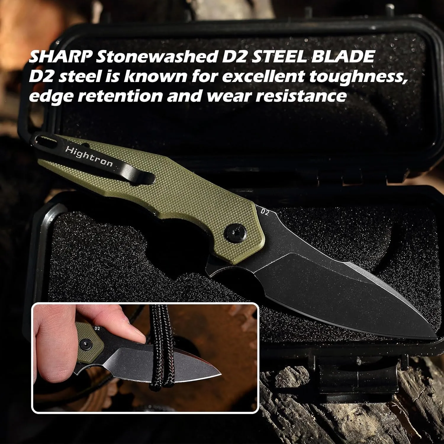 HIGHTRON MINI VENTURA Folding Pocket Knife, Flipper Pocket Knife for EDC 2.85" Stonewashed D2 Blade plus G10 Handle,Deep-Carry Pocket Clip Folding Knife for Utility Hiking Camping Fishing Gift,Green-B