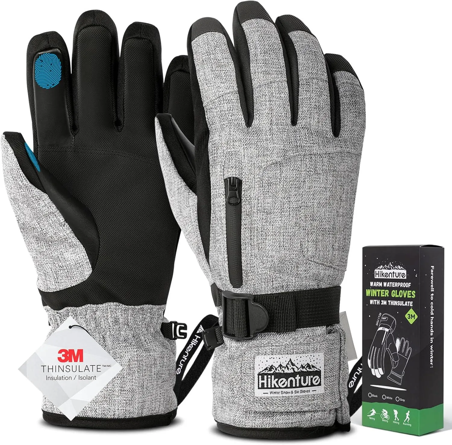Hikenture Snow Gloves for Men&Women, 3M Thinsulate Waterproof Skiing Gloves with Pocket and Touchscreen Functionality