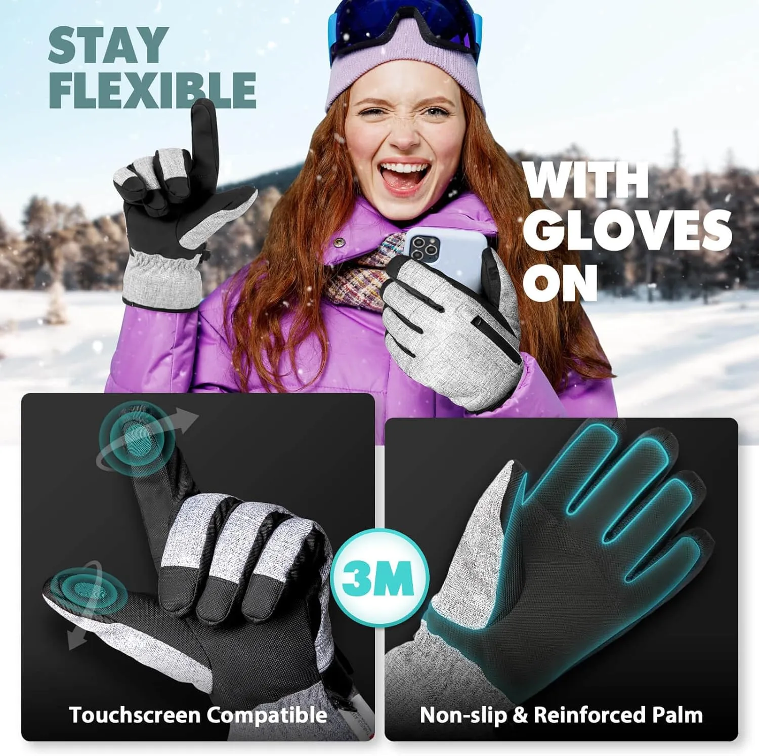 Hikenture Snow Gloves for Men&Women, 3M Thinsulate Waterproof Skiing Gloves with Pocket and Touchscreen Functionality