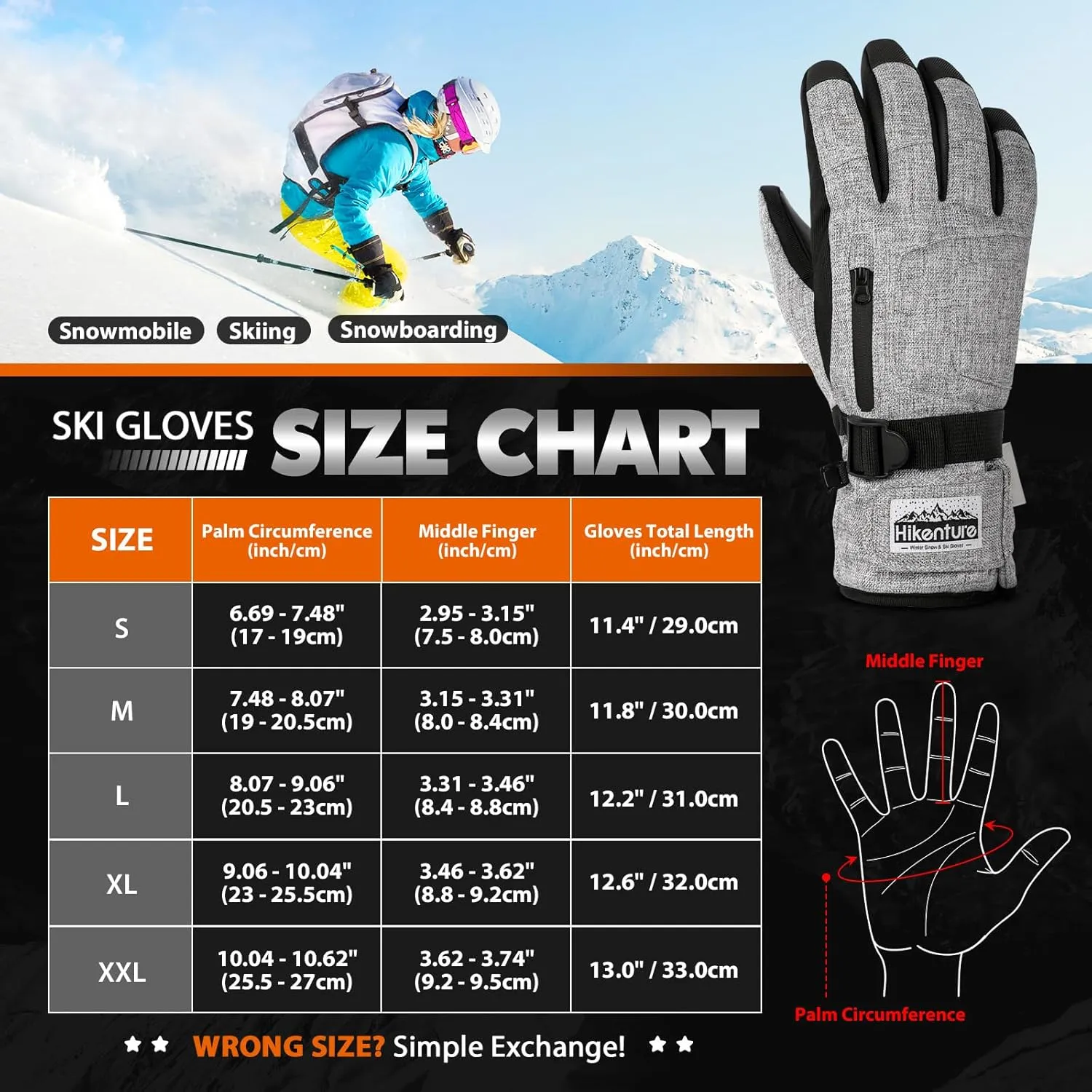 Hikenture Snow Gloves for Men&Women, 3M Thinsulate Waterproof Skiing Gloves with Pocket and Touchscreen Functionality