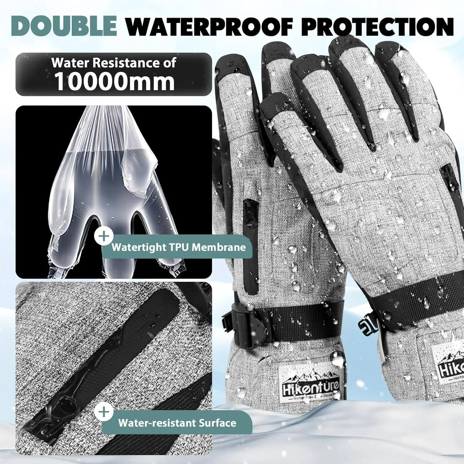 Hikenture Snow Gloves for Men&Women, 3M Thinsulate Waterproof Skiing Gloves with Pocket and Touchscreen Functionality