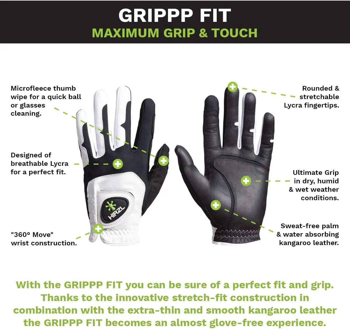 HIRZL GRIPPP FIT Ladies Golf Gloves – All Weather Womens Golf Glove (White/Black) | Kangaroo Leather & Lycra | Ultimate Grip/Wet or Dry | Breathable, Stretch Fit, Sweat Absorbent, Water Repellent