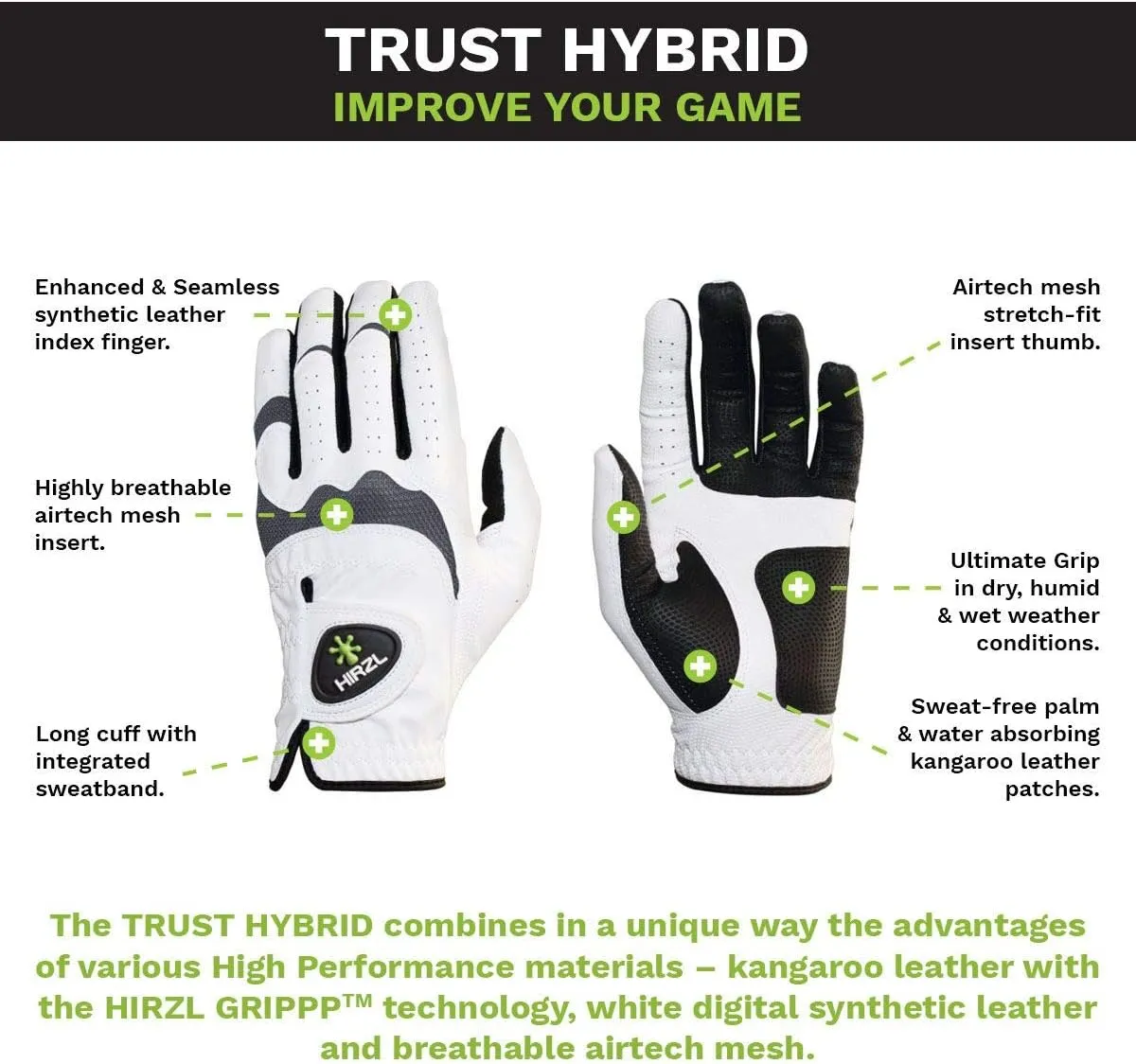 HIRZL Trust Hybrid Golf Glove– All Weather Mens Golf Glove (White/Black) | Nylon, Kangaroo Leather, Polyester | Ultimate Grip (Wet or Dry), Ergonomic Fit, Breathable, Sweat Free, Water Repellent