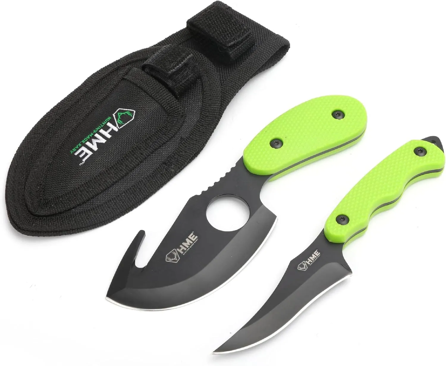 HME 2-Piece Field Skinning Gut/Cape Knife Kit - 3.5" Gut Hook Knife & 3.5" Fixed Blade Knife (420HC Steel) w/Heavy-Duty Sheath