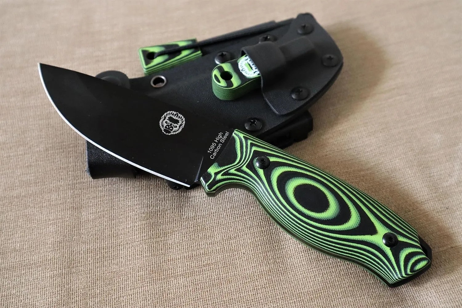 Holtzman's Gorilla Survival Bloodline Full Tang Fixed Blade Survival Knife with Kydex Sheath (Green) - Durable 1095 High Carbon Steel