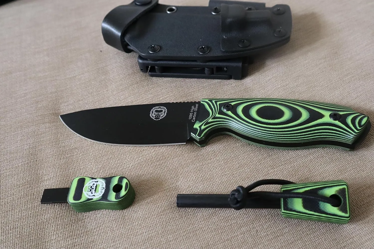 Holtzman's Gorilla Survival Bloodline Full Tang Fixed Blade Survival Knife with Kydex Sheath (Green) - Durable 1095 High Carbon Steel