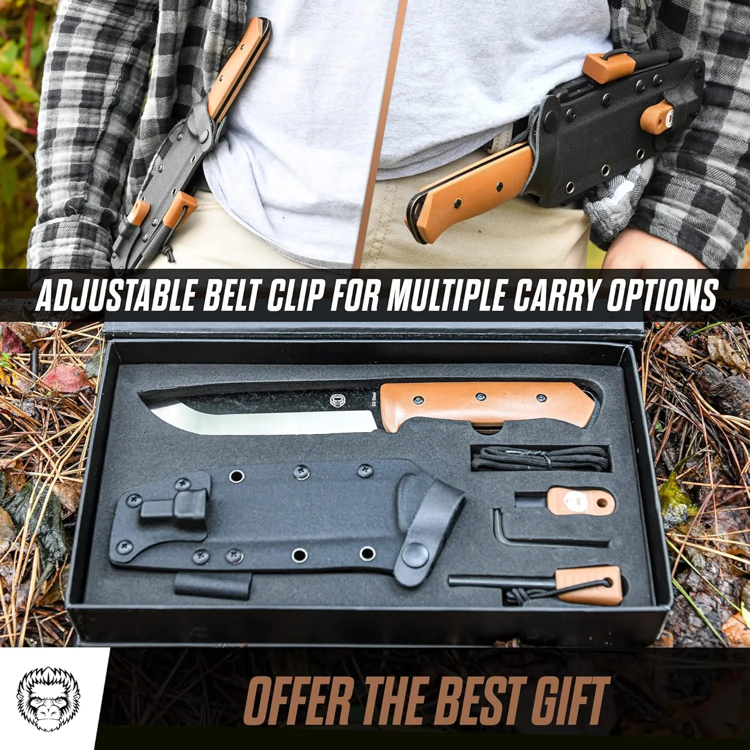 Holtzman's Gorilla Survival Bushwhacker Fixed Blade Knife with Fire Starter, G10 Scraper, and Paracord (Brown) - Ideal for Camping and Survival