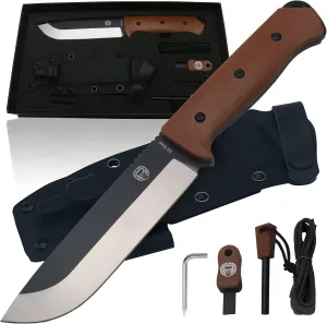 Holtzman's Gorilla Survival Bushwhacker Fixed Blade Knife with Fire Starter, G10 Scraper, and Paracord (Brown) - Ideal for Camping and Survival