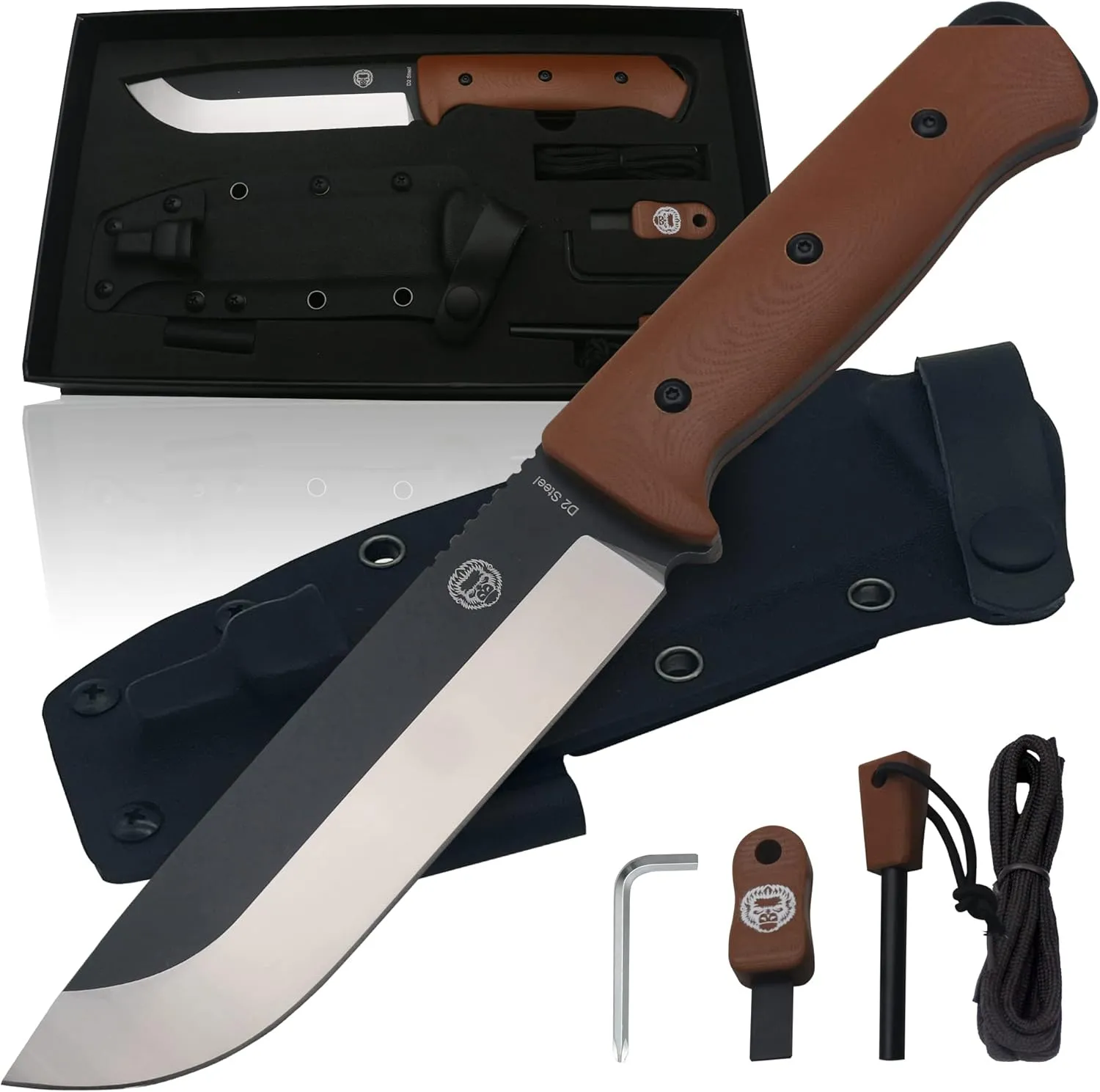 Holtzman's Gorilla Survival Bushwhacker Fixed Blade Knife with Fire Starter, G10 Scraper, and Paracord (Brown) - Ideal for Camping and Survival