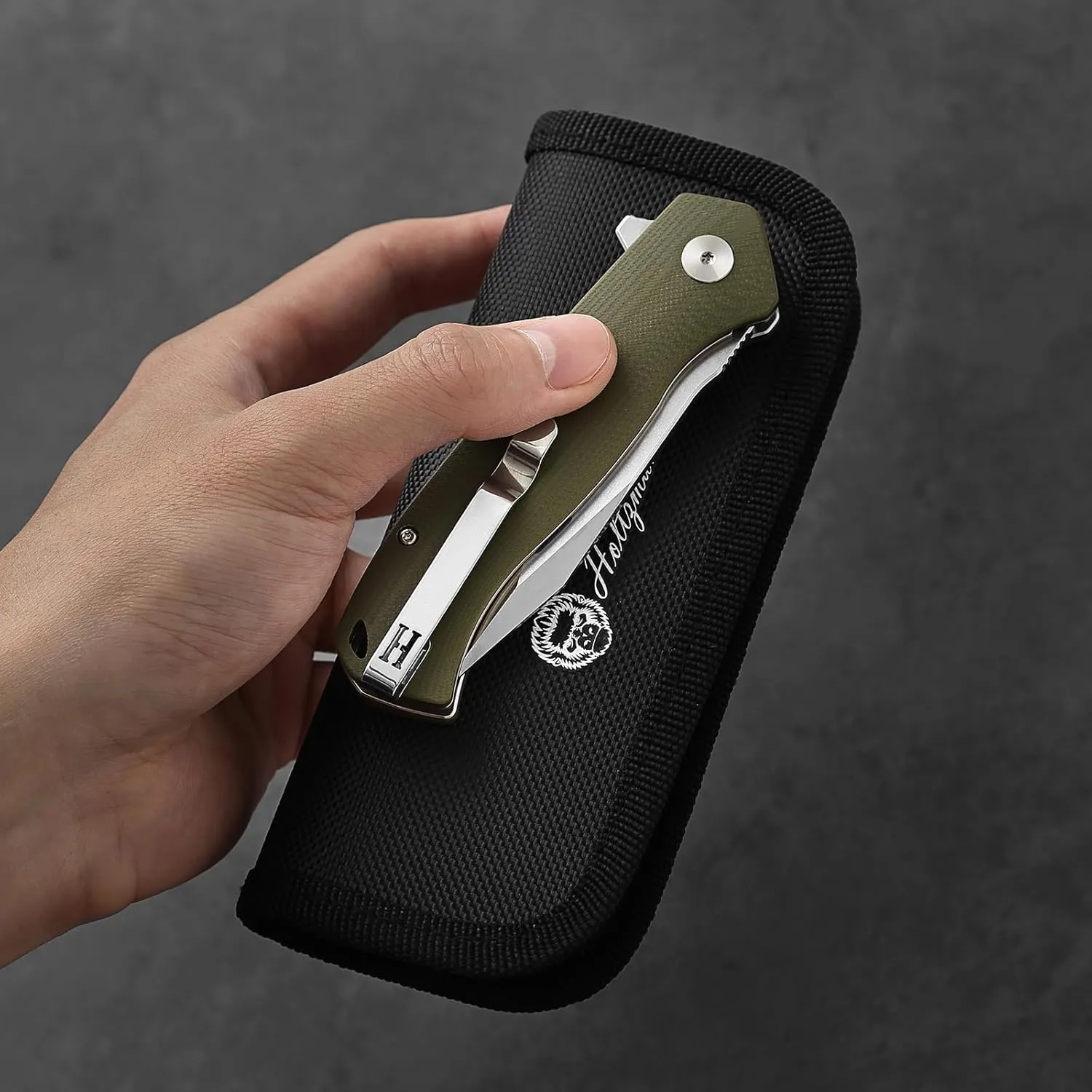 Holtzman's Gorilla Survival Folding Pocket Knife with D2 Steel Blade (Half Stonewashed, Half Silver) and Green G10 Handle (LM042) - EDC Gift Set for Men and Women