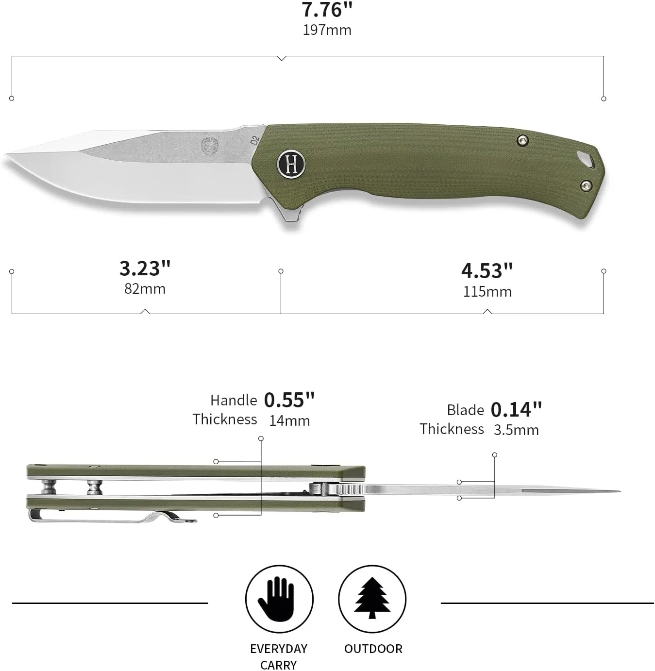 Holtzman's Gorilla Survival Folding Pocket Knife with D2 Steel Blade (Half Stonewashed, Half Silver) and Green G10 Handle (LM042) - EDC Gift Set for Men and Women