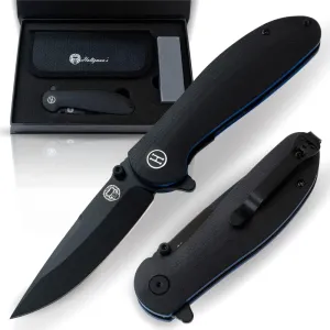 Holtzman's Gorilla Survival 'Straightback' Folding Knife featuring D2 Steel Blade and G10 Tactical Handle in Gift Box Set (Black Blue)