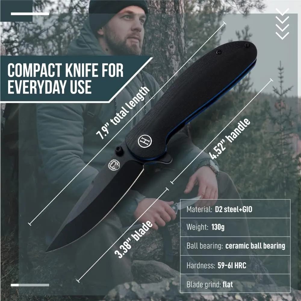 Holtzman's Gorilla Survival 'Straightback' Folding Knife featuring D2 Steel Blade and G10 Tactical Handle in Gift Box Set (Black Blue)