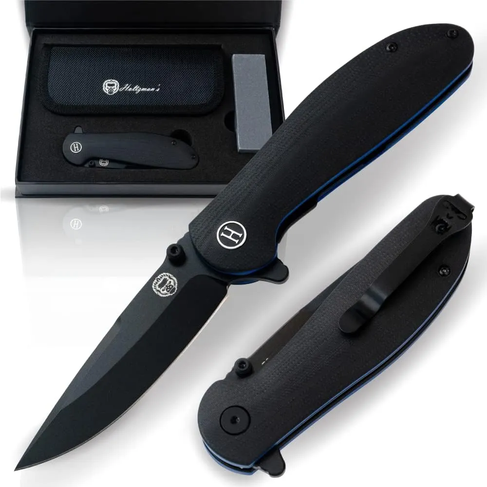 Holtzman's Gorilla Survival 'Straightback' Folding Knife featuring D2 Steel Blade and G10 Tactical Handle in Gift Box Set (Black Blue)