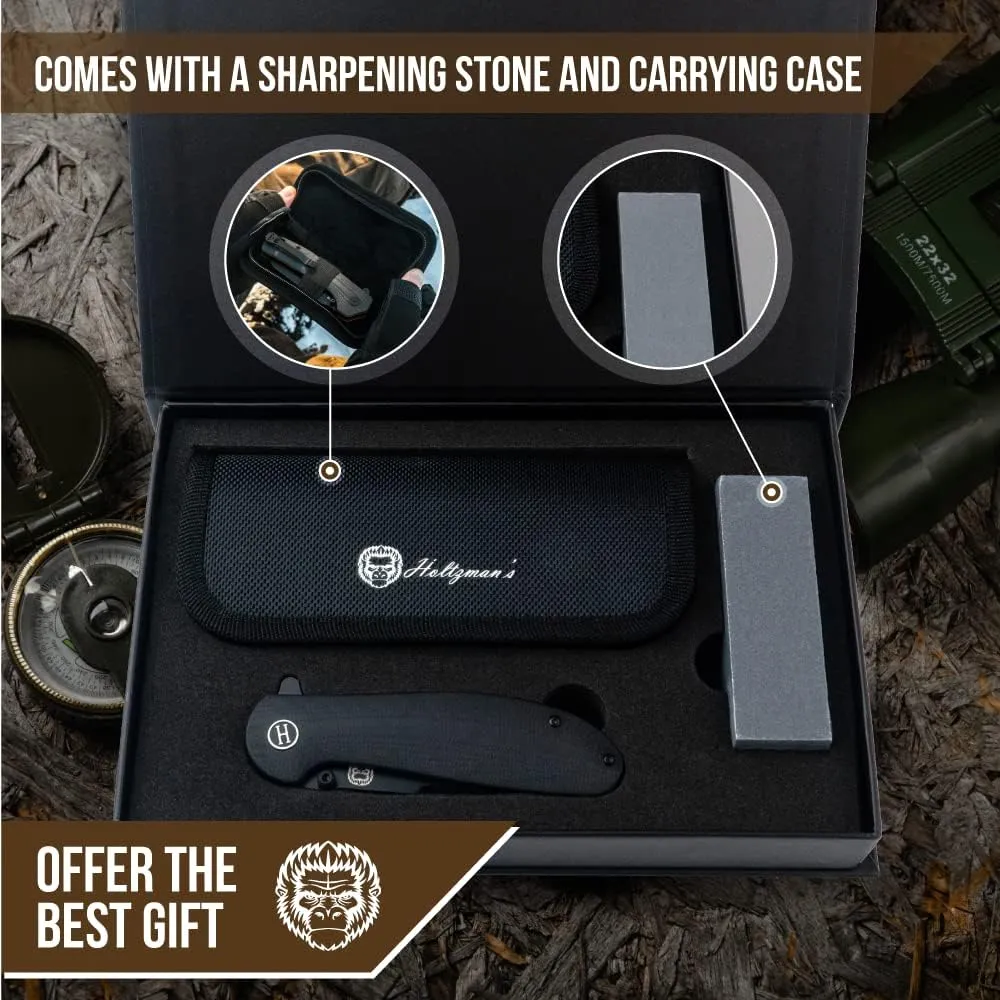 Holtzman's Gorilla Survival 'Straightback' Folding Knife featuring D2 Steel Blade and G10 Tactical Handle in Gift Box Set (Black Blue)