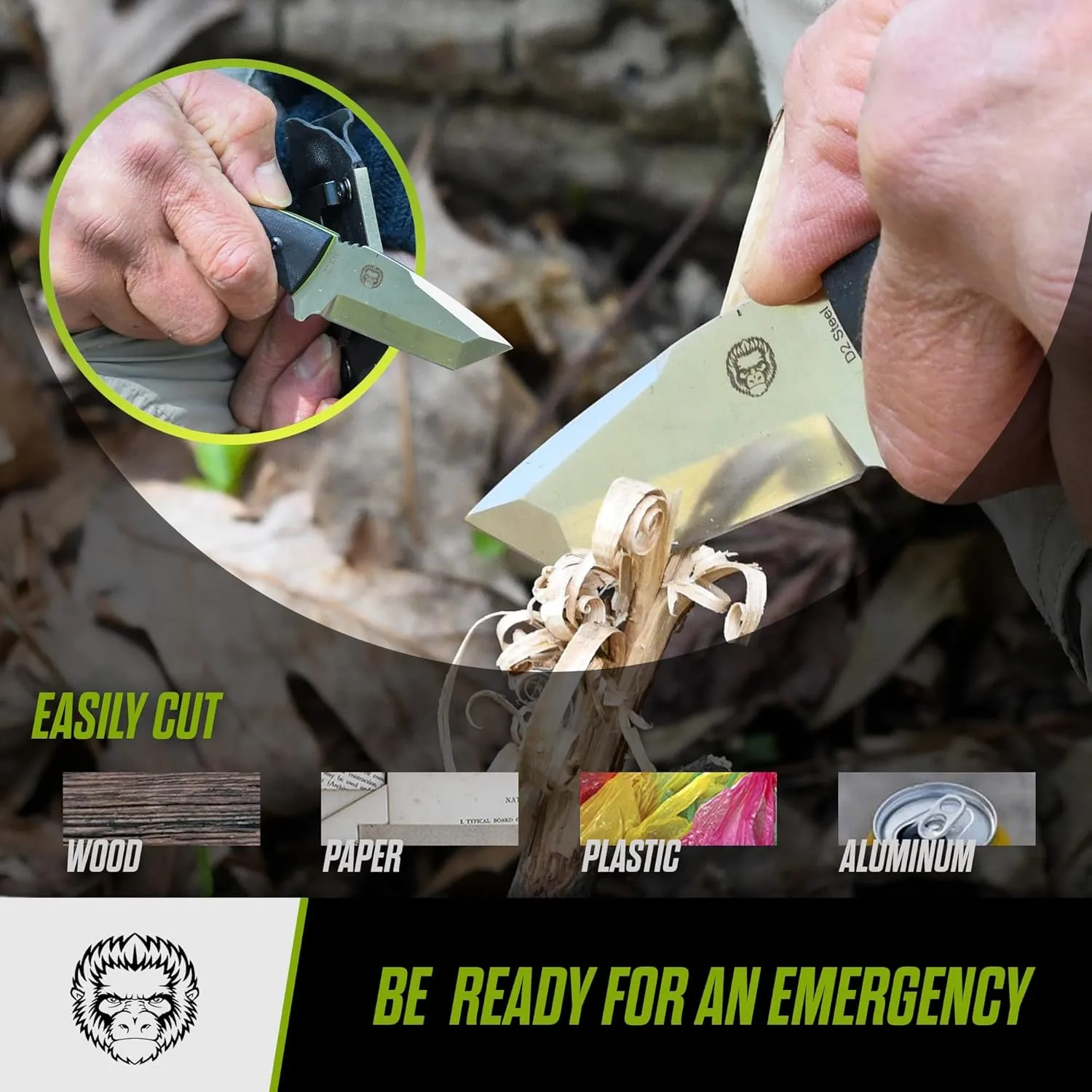 Holtzman's Gorilla Survival Tanto Fixed Blade Neck Knife with Kydex Sheath & Ferro Rod (Silver Green) - Ideal for Outdoor Activities and Everyday Carry