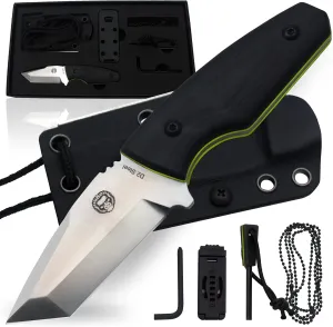 Holtzman's Gorilla Survival Tanto Fixed Blade Neck Knife with Kydex Sheath & Ferro Rod (Silver Green) - Ideal for Outdoor Activities and Everyday Carry