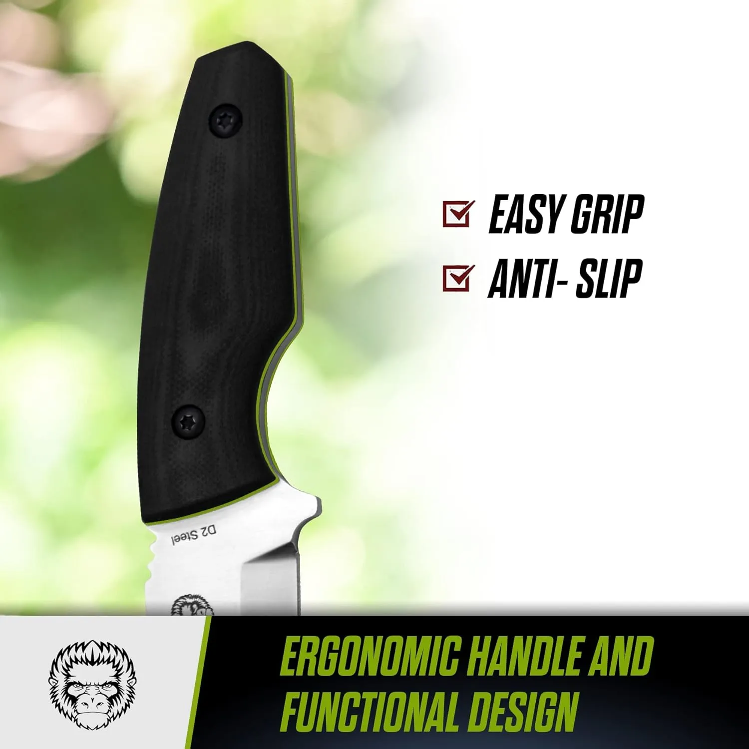 Holtzman's Gorilla Survival Tanto Fixed Blade Neck Knife with Kydex Sheath & Ferro Rod (Silver Green) - Ideal for Outdoor Activities and Everyday Carry