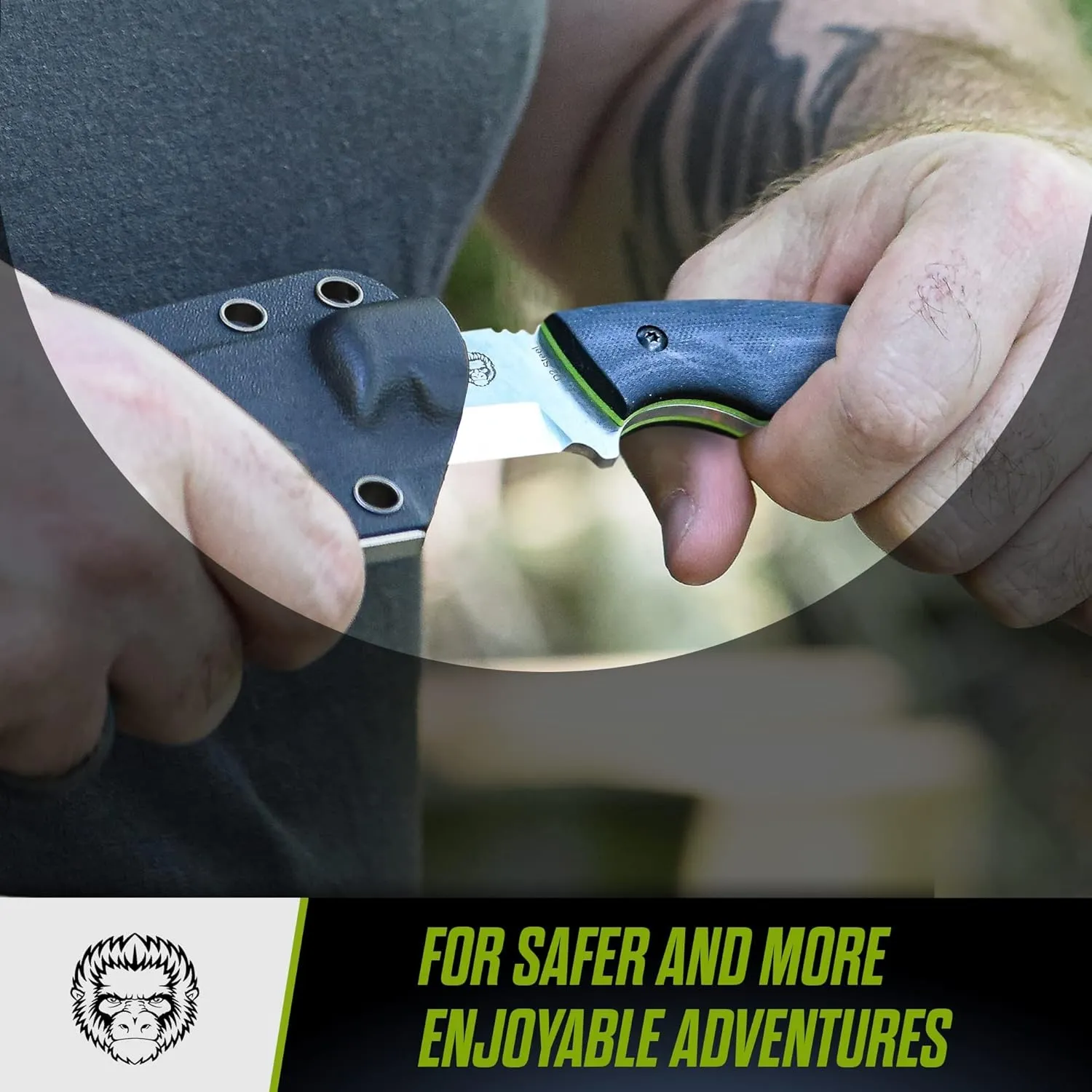 Holtzman's Gorilla Survival Tanto Fixed Blade Neck Knife with Kydex Sheath & Ferro Rod (Silver Green) - Ideal for Outdoor Activities and Everyday Carry