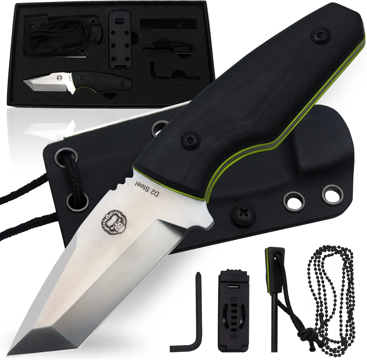 Holtzman's Gorilla Survival Tanto Fixed Blade Neck Knife with Kydex Sheath & Ferro Rod (Silver Green) - Ideal for Outdoor Activities and Everyday Carry