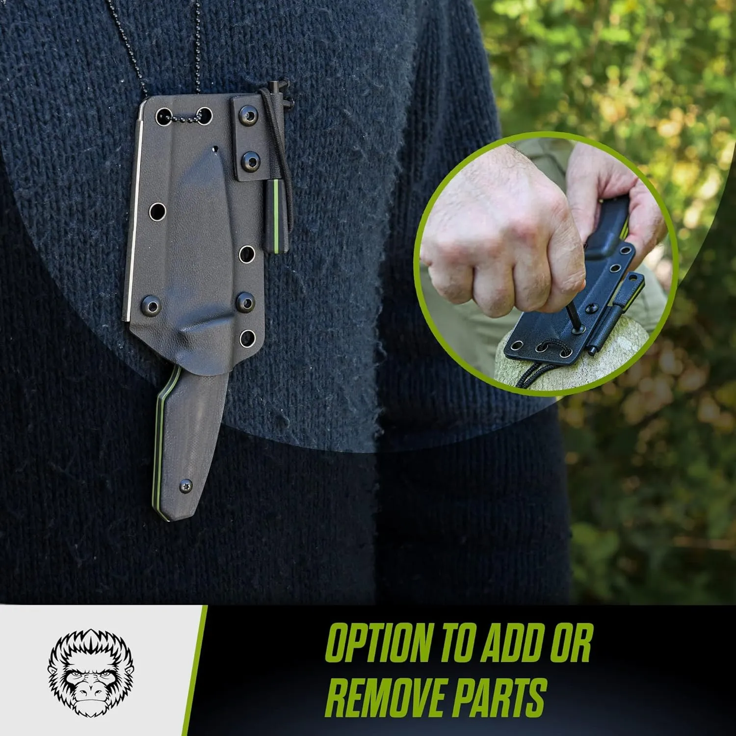 Holtzman's Gorilla Survival Tanto Fixed Blade Neck Knife with Kydex Sheath & Ferro Rod (Silver Green) - Ideal for Outdoor Activities and Everyday Carry