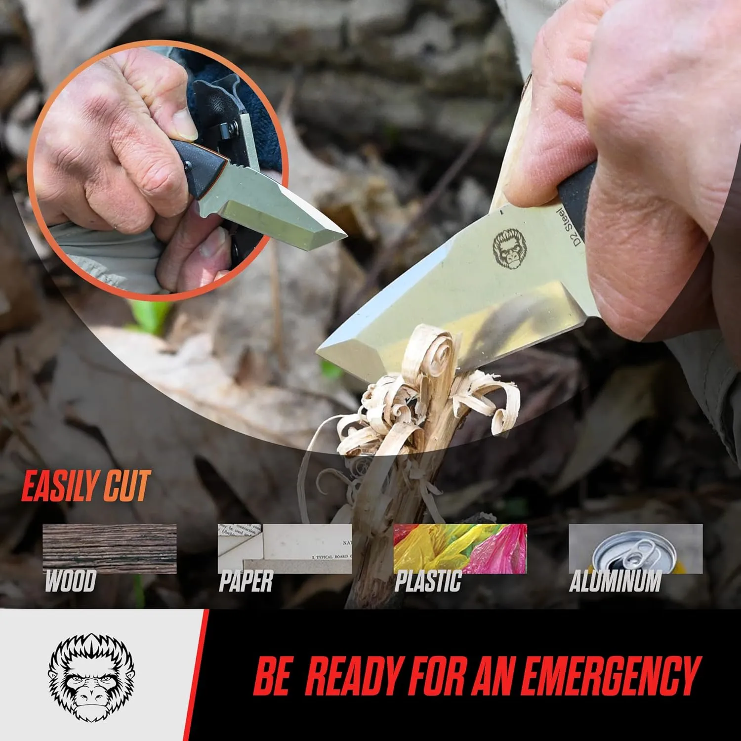 Holtzman's Gorilla Survival Tanto Fixed Blade Neck Knife with Kydex Sheath & Ferro Rod (Silver Orange) - Ideal for Outdoor Activities and Everyday Carry