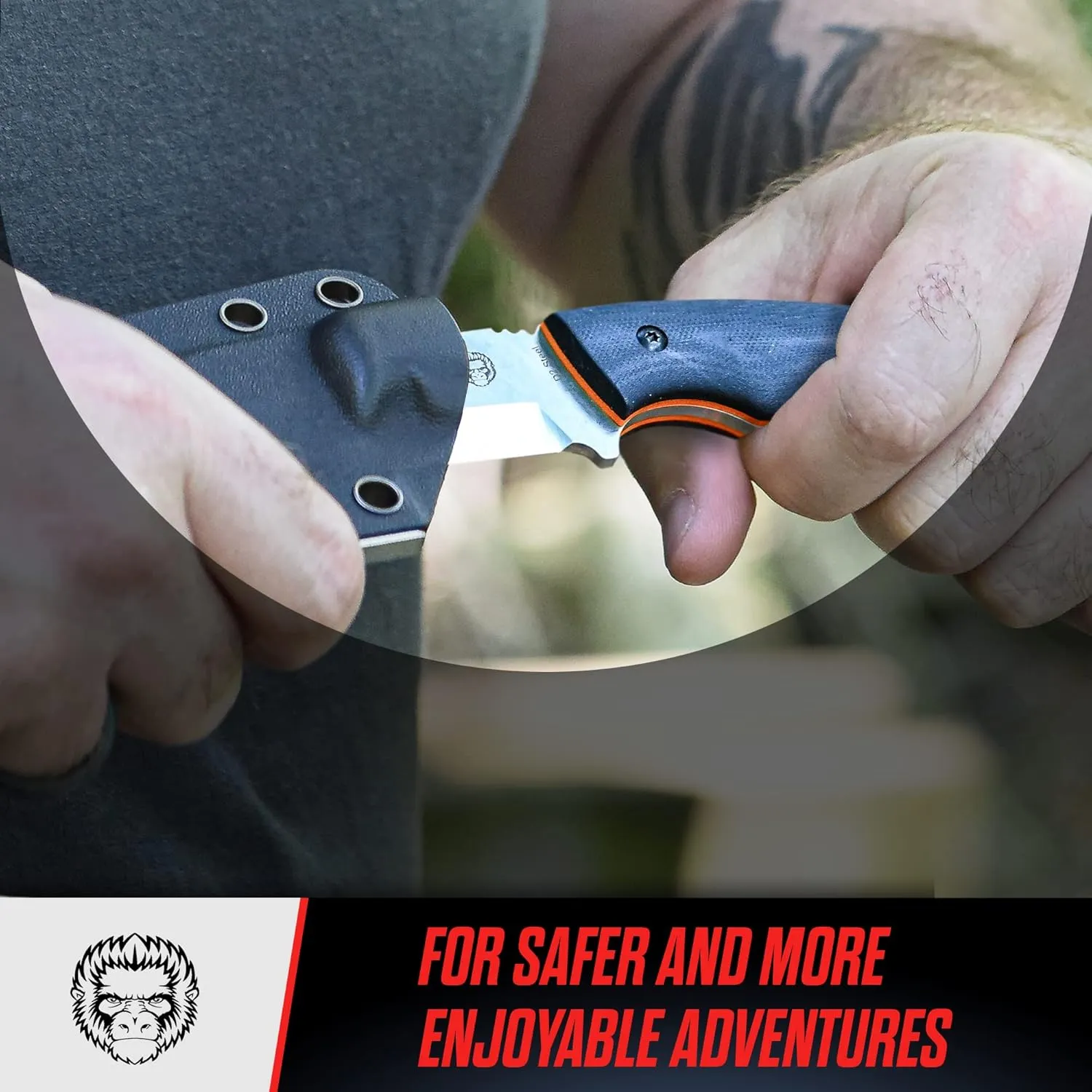 Holtzman's Gorilla Survival Tanto Fixed Blade Neck Knife with Kydex Sheath & Ferro Rod (Silver Orange) - Ideal for Outdoor Activities and Everyday Carry