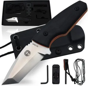 Holtzman's Gorilla Survival Tanto Fixed Blade Neck Knife with Kydex Sheath & Ferro Rod (Silver Orange) - Ideal for Outdoor Activities and Everyday Carry